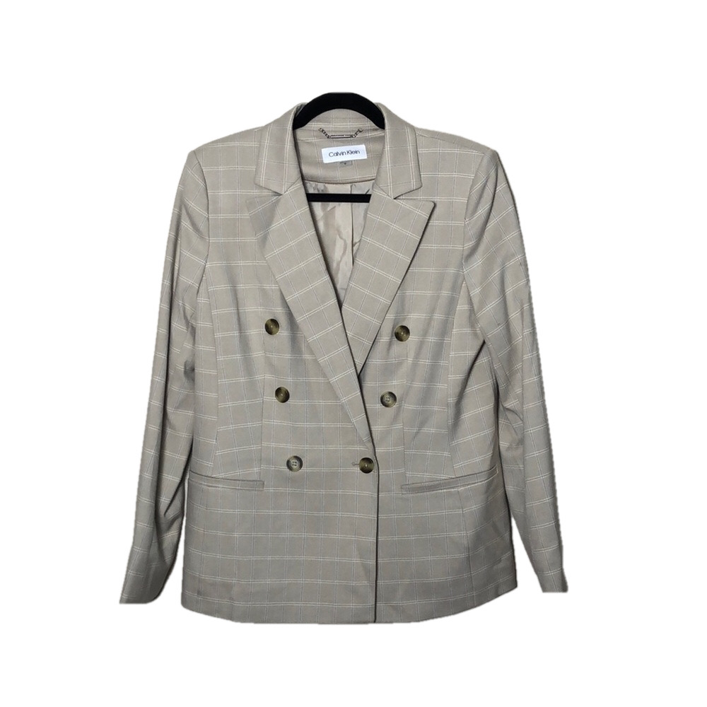 CALVIN KLEIN Women's Size 12 Tan Plaid Double Breasted Notch Lapel Blazer NWOT